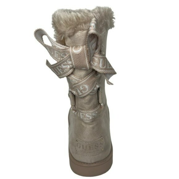 Guess Allyse Sand Logo Bow Suede Faux Fur Mid Calf Winter Boots Size 9M - Picture 15 of 16